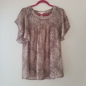 Womens Sheer Brown Design Ruffle Sleeve Top Work Blouse Medium